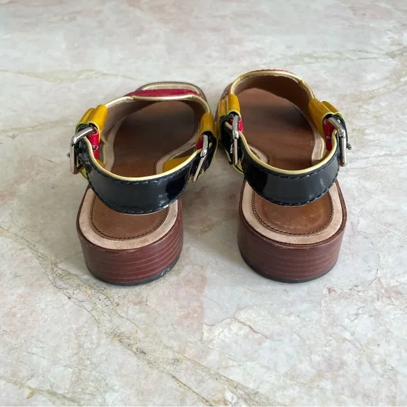 Prada designer red & yellow patent leather block heel sandals - Picture 5 of 8